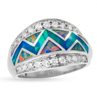 18KW R72E RIVER OF LOVE FLARED PAVÈ EDGE RING INLAID WITH FIRE AND BLUE GREEN OPAL WITH .46TDW F/VS1 PAVÈ ROUND BRILLIANT DIAMONDS
