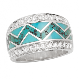 18KW R253B RIVER OF LOVE RING INLAID WITH SLEEPING BEAUTY AND SPIDERWEB TURQUOISE WITH .48TDW F/VS1 PAVED ROUND BRILLIANTS DIAMONDS