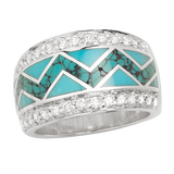 18KW R253B RIVER OF LOVE RING INLAID WITH SLEEPING BEAUTY AND SPIDERWEB TURQUOISE WITH .48TDW F/VS1 PAVED ROUND BRILLIANTS DIAMONDS