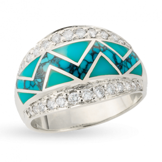 14KW R72E RIVER OF LOVE FLARED PAVE EDGE ZIG ZAG RING INLAID WITH SLEEPING BEAUTY AND SPIDERWEB TURQUOISE WITH .46TDW F/VS1 PAVED ROUND BRILLIANT DIAMONDS