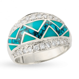 14KW R72E RIVER OF LOVE FLARED PAVE EDGE ZIG ZAG RING INLAID WITH SLEEPING BEAUTY AND SPIDERWEB TURQUOISE WITH .46TDW F/VS1 PAVED ROUND BRILLIANT DIAMONDS