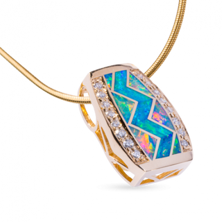 18KY P200 MEDIUM RIVER OF LOVE PENDANT INLAID WITH FIRE AND BLUE GREEN AUSTRALIAN OPAL WITH .36TDW FVS1 PAVED ROUND BRILLIANT DIAMONDS