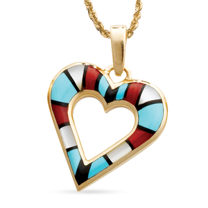 14KY P95 HEART PENDANT INLAID WITH SLEEPING BEAUTY TURQUOISE, ONYX, CORAL AND MOTHER OF PEARL