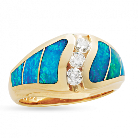 18KY R245 LARGE CIRRUS RING INLAID WITH BLUE GREEN AUSTRALIAN OPAL WITH .30TDW F/VS1 CHANNEL SET ROUND BRILLIANT DIAMONDS