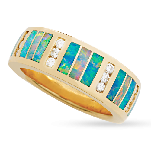 18KY R246B 7.8MM FLAT TAPERED BAND INLAID WITH FIRE AND BLUE GREEN AUSTRALIAN OPAL WITH .21TDW F/VS1 CHANNEL SET ROUND BRILLIANTS