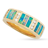 18KY R246B 7.8MM FLAT TAPERED BAND INLAID WITH FIRE AND BLUE GREEN AUSTRALIAN OPAL WITH .21TDW F/VS1 CHANNEL SET ROUND BRILLIANTS