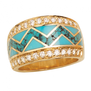 18KY R253B RIVER OF LOVE ZIG ZAG RING INLAID WITH SLEEPING BEAUTY AND SPIDERWEB TURQUOISE WITH .48TDW F/VS1 PAVED ROUND BRILLIANTS DIAMONDS