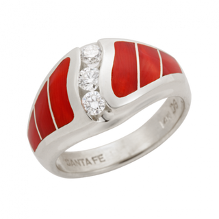 14KW R245 LARGE CIRRUS RING INLAID WITH RED MEDITERRANEAN CORAL WITH .30TDW CHANNEL SET ROUND BRILLIANT DIAMONDS