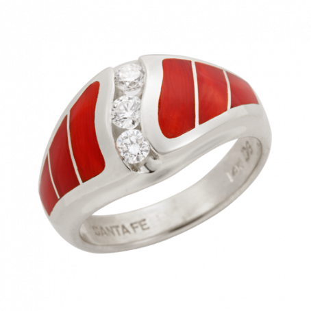 14KW R245 LARGE CIRRUS RING INLAID WITH RED MEDITERRANEAN CORAL WITH .30TDW CHANNEL SET ROUND BRILLIANT DIAMONDS
