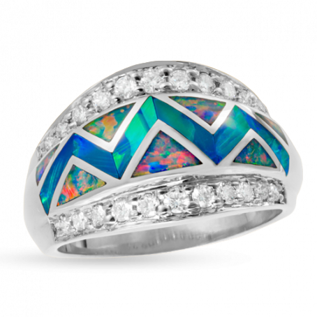  18KW R72E RIVER OF LOVE FLARED PAVÈ EDGE RING INLAID WITH FIRE AND BLUE GREEN OPAL WITH .46TDW F/VS1 PAVÈ ROUND BRILLIANT DIAMONDS