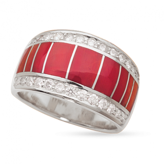 18KW R311 CANYON BAND INLAID WITH RED MEDITERRANEAN CORAL WITH .48TDW F/VS1 PAVED ROUND BRILLIANT DIAMONDS