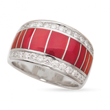 18KW R311 CANYON BAND INLAID WITH RED MEDITERRANEAN CORAL WITH .48TDW F/VS1 PAVED ROUND BRILLIANT DIAMONDS