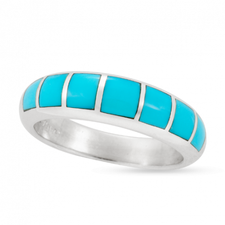 14KW R170 PLAZA DOMED BAND INLAID WITH 7 STONES OF SLEEPING BEAUTY TURQUOISE
