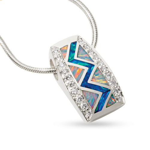 14KY P90A SMALL RIVER OF LOVE PENDANT INLAID WITH FIRE AND BLUE GREEN AUSTRALIAN OPAL WITH .22TDW F/VS1 PAVE SET ROUND BRILLIANT DIAMONDS