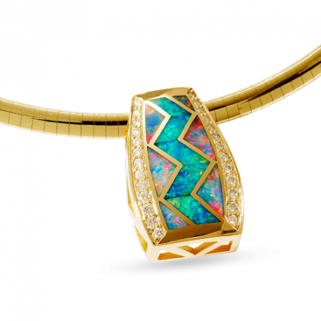 18KY P82B LARGE RIVER OF LOVE ZIG ZAG PENDANT INLAID WITH FIRE AND BLUE GREEN AUSTRALIAN OPAL WITH .52TDW F/VS1 PAVED ROUND BRILLIANT DIAMONDS