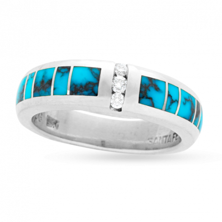 14KW R235A TAPERED RIO RING INLAID WITH SPIDERWEB TURQUOISE WITH .06TDW F/VS1 CHANNEL SET ROUND BRILLIANT DIAMONDS