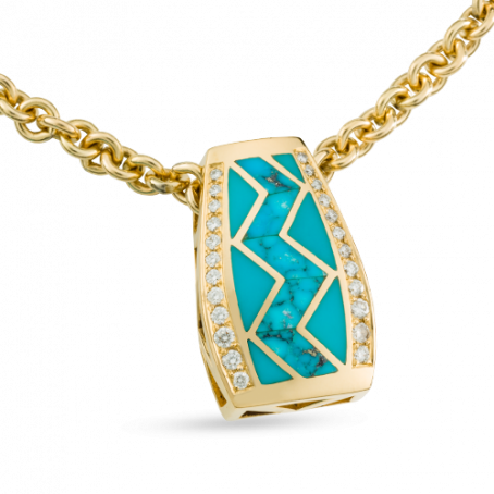 18KY P82B RIVER OF LOVE ZIG ZAG PENDANT INLAID WITH SLEEPING BEAUTY AND SPIDERWEB TURQUOISE WITH .52 TDW F/VS1 PAVED ROUND BRILLIANT DIAMONDS