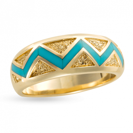 18KY R80 RIVER OF LOVE ZIG ZAG RING WITH BRUSHED TRIANGLES AND INLAID WITH SLEEPING BEAUTY TURQUOISE