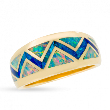 18KY R81C FLAT EDGE RIVER OF LOVE RING INLAID WITH FIRE AND BLUE GREEN AUSTRALIAN OPAL