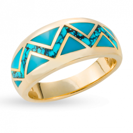 18KY R81C MENS ZIGZAG RING INLAID WITH SLEEPING BEAUTY AND SPIDERWEB TURQUOISE TRIANGLES