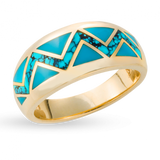 18KY R81C MENS ZIGZAG RING INLAID WITH SLEEPING BEAUTY AND SPIDERWEB TURQUOISE TRIANGLES