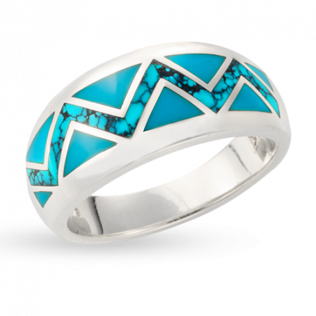 14KW R81C MEN'S ZIG ZAG RING INLAID WITH SLEEPING BEAUTY AND SPIDERWEB TURQUOISE TRIANGLES 
