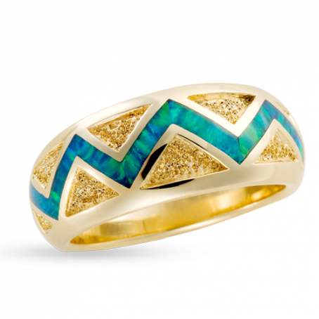 18KY R80 RIVER OF LOVE ZIG ZAG RING INLAID WITH BLUE GREEN AUSTRALIAN OPAL AND BRUSHED GOLD TRIANGLES