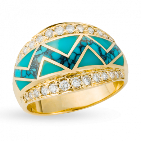 18KY R72E RIVER OF LOVE FLARED EDGE ZIGZAG RING INLAID WITH SLEEPING BEAUTY AND SPIDERWEB TURQUOISE WITH .46TDW F/VS1 PAVED ROUND BRILLIANT DIAMONDS