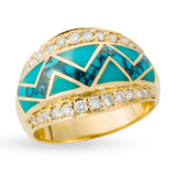 18KY R72E RIVER OF LOVE FLARED EDGE ZIGZAG RING INLAID WITH SLEEPING BEAUTY AND SPIDERWEB TURQUOISE WITH .46TDW F/VS1 PAVED ROUND BRILLIANT DIAMONDS