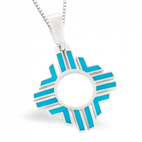 SS P153 LARGE ZIA PENDANT WITH SWING BALE INLAID WITH SLEEPING BEAUTY TURQUOISE