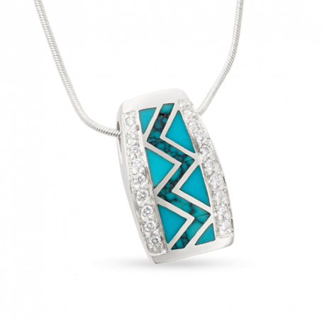 14KW P90A SMALL RIVER OF LOVE PENDANT INLAID WITH SLEEPING BEAUTY AND SPIDERWEB TURQUOISE WITH .22TDW F/VS1 PAVE SET ROUND BRILLIANT DIAMONDS