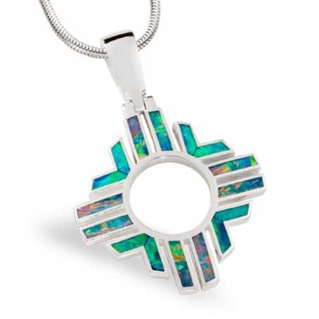 14KW P153 LARGE ZIA PENDANT WITH SWING BALE AND INLAID WITH BLUE GREEN AUSTRALIAN OPAL