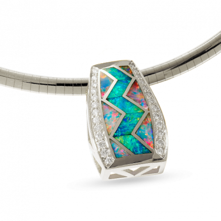 18KW P82B LARGE RIVER OF LOVE ZIG ZAG INLAID WITH BLUE AND BLUE GREEN AUSTRALIAN OPAL WITH .52TDW F/VS1 PAVED ROUND BRILLIANT DIAMONDS