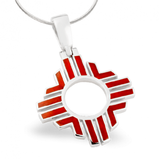 SS P153 LARGE ZIA PENDANT WITH SWING BAIL INLAID WITH WITH RED MEDITERRANEAN CORAL