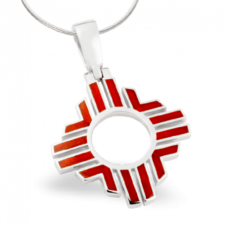SS P153 LARGE ZIA PENDANT WITH SWING BAIL INLAID WITH WITH RED MEDITERRANEAN CORAL