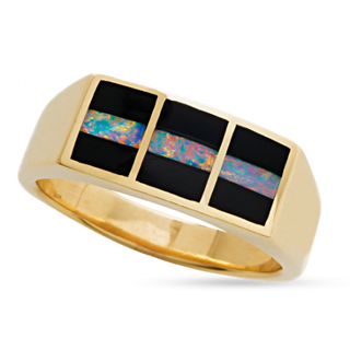 18KY R78 AUSTRALIAN FIRE OPAL AND ONYX NEBULA FLAT TOP RING