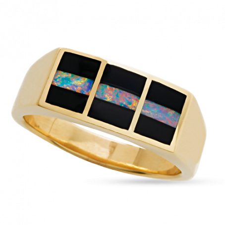 18KY R78 AUSTRALIAN FIRE OPAL AND ONYX NEBULA FLAT TOP RING