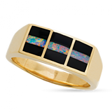 18KY R78 AUSTRALIAN FIRE OPAL AND ONYX NEBULA FLAT TOP RING