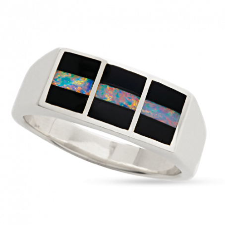 18KW R78 AUSTRALIAN FIRE OPAL AND ONYX NEBULA FLAT TOP RING