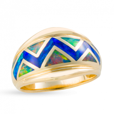 14KY R72B RIVER OF LOVE FLARED EDGE ZIGZAG RING INLAID WITH FIRE AND BLUE GREEN AUSTRALIAN OPAL