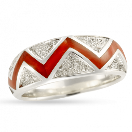 14KY R80 RIVER OF LOVE ZIG ZAG RING WITH RED MEDITERRANEAN CORAL AND BRUSHED GOLD TRIANGLES