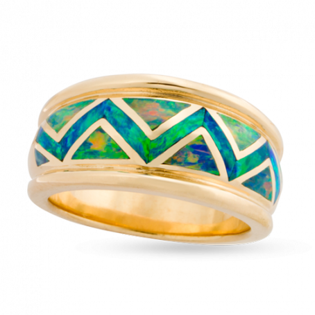 18KY R155B MEN'S RIVER OF LOVE FLARED EDGE ZIGZAG RING INLAID WITH FIRE AND BLUE GREEN AUSTRALIAN OPAL.