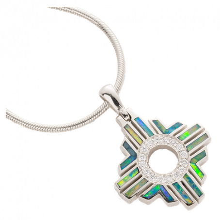 14KW P195 ZIA PENDANT WITH SWING BALE INLAID WITH AUSTRALIAN BLUE GREEN OPAL WITH .24TDW F/VS1 ROUND BRILLIANT PAVE DIAMONDS