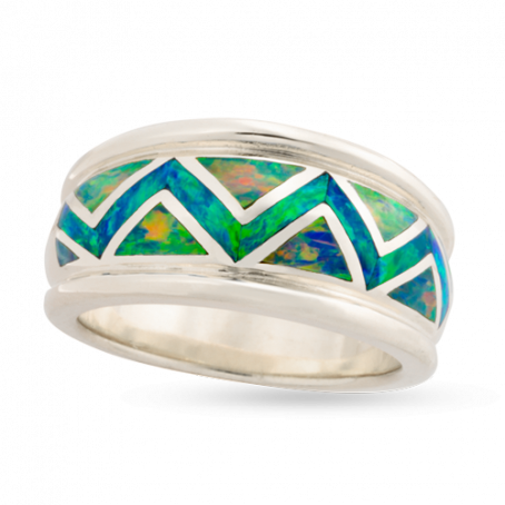 14KW R155B RIVER OF LOVE FLARED EDGE ZIGZAG RING INLAID WITH FIRE AND BLUE GREEN AUSTRALIA OPAL