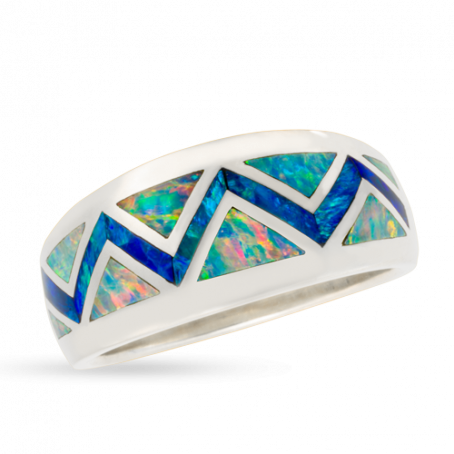 14KW R81C FLAT EDGE RIVER OF LOVE ZIG ZAG RING INLAID WITH FIRE AND BLUE GREEN AUSTRALIAN OPAL