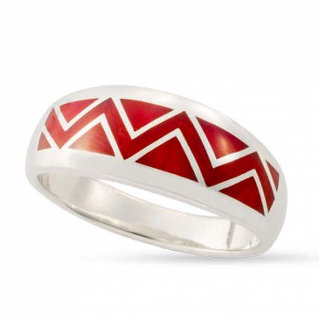  14KW R81A RIVER OF LOVE ZIGZAG RING INLAID WITH RED MEDITERRANEAN CORAL