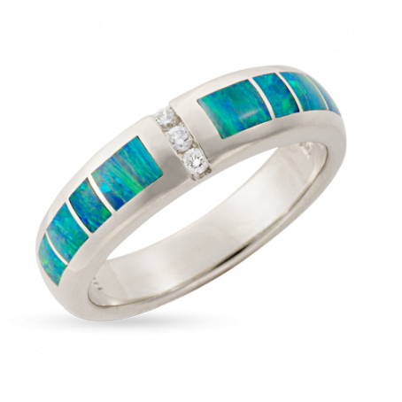 14KW R235A TAPERED RIO RING INLAID WITH BLUE GREEN AUSTRALIAN OPAL WITH .06TDW F/VS1 CHANNEL SET ROUND BRILLIANT DIAMONDS