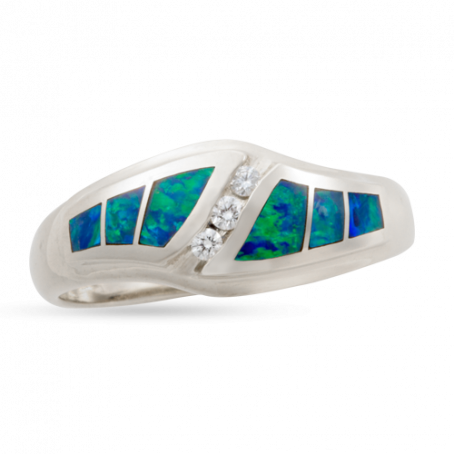14KW R232 CURVED CIRRUS RING INLAID WITH BLUE GREEN AUSTRALIAN OPAL WITH .06TDW F/VS1 CHANNEL SET ROUND BRILLIANT DIAMONDS