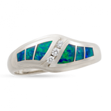 14KW R232 CURVED CIRRUS RING INLAID WITH BLUE GREEN AUSTRALIAN OPAL WITH .06TDW F/VS1 CHANNEL SET ROUND BRILLIANT DIAMONDS