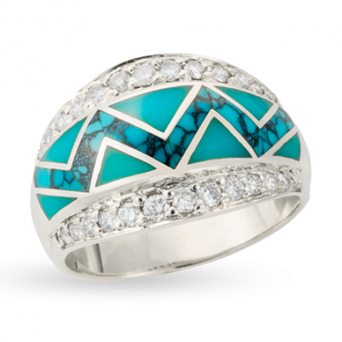 14KW R72E RIVER OF LOVE FLARED PAVE EDGE ZIG ZAG RING INLAID WITH SLEEPING BEAUTY AND SPIDERWEB TURQUOISE WITH .46TDW F/VS1 PAVED ROUND BRILLIANT DIAMONDS